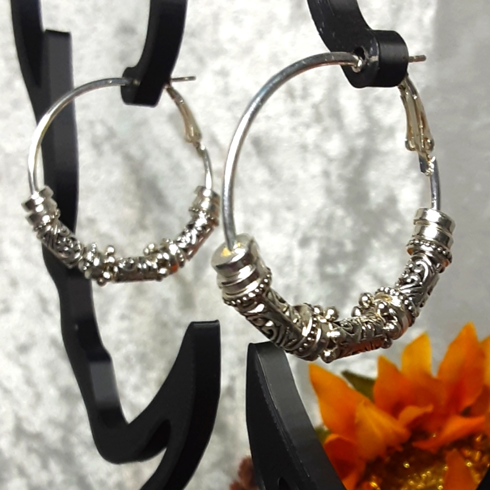 Handmade UniqueTextured Hoop Earrings  Silvertone